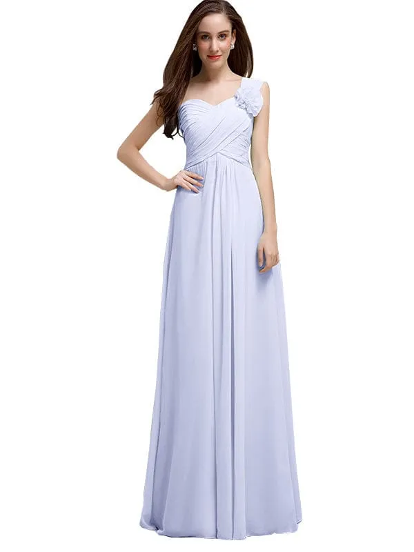 Elegant A-line One-Shoulder With Flowers Floor-Length Chiffon Long Bridesmaid Dresses