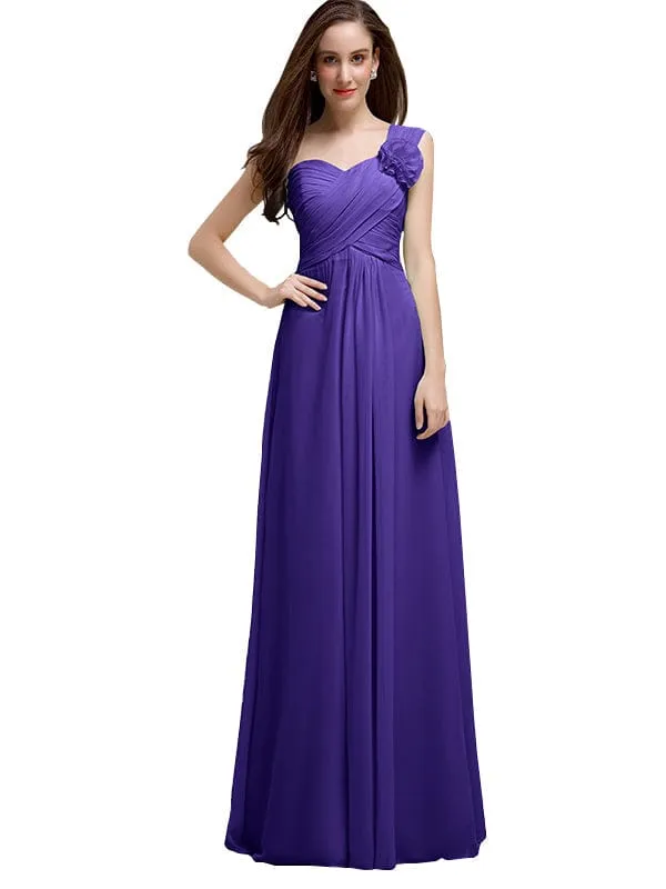 Elegant A-line One-Shoulder With Flowers Floor-Length Chiffon Long Bridesmaid Dresses