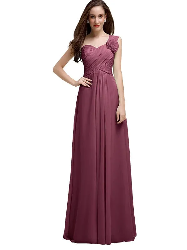 Elegant A-line One-Shoulder With Flowers Floor-Length Chiffon Long Bridesmaid Dresses