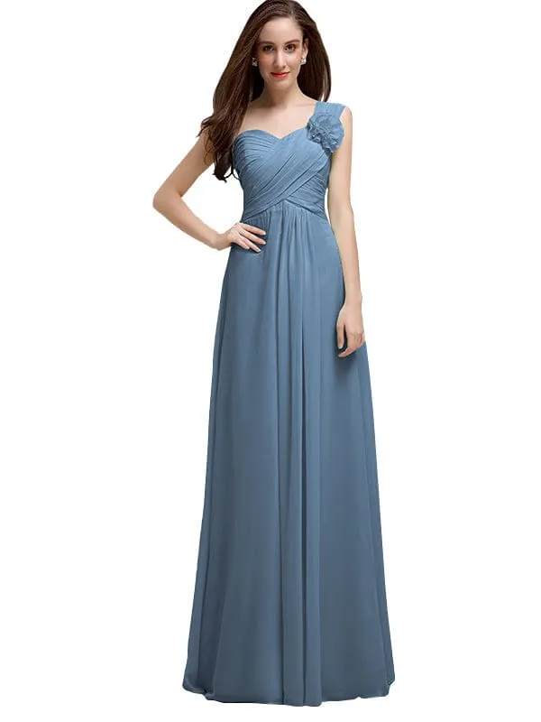 Elegant A-line One-Shoulder With Flowers Floor-Length Chiffon Long Bridesmaid Dresses