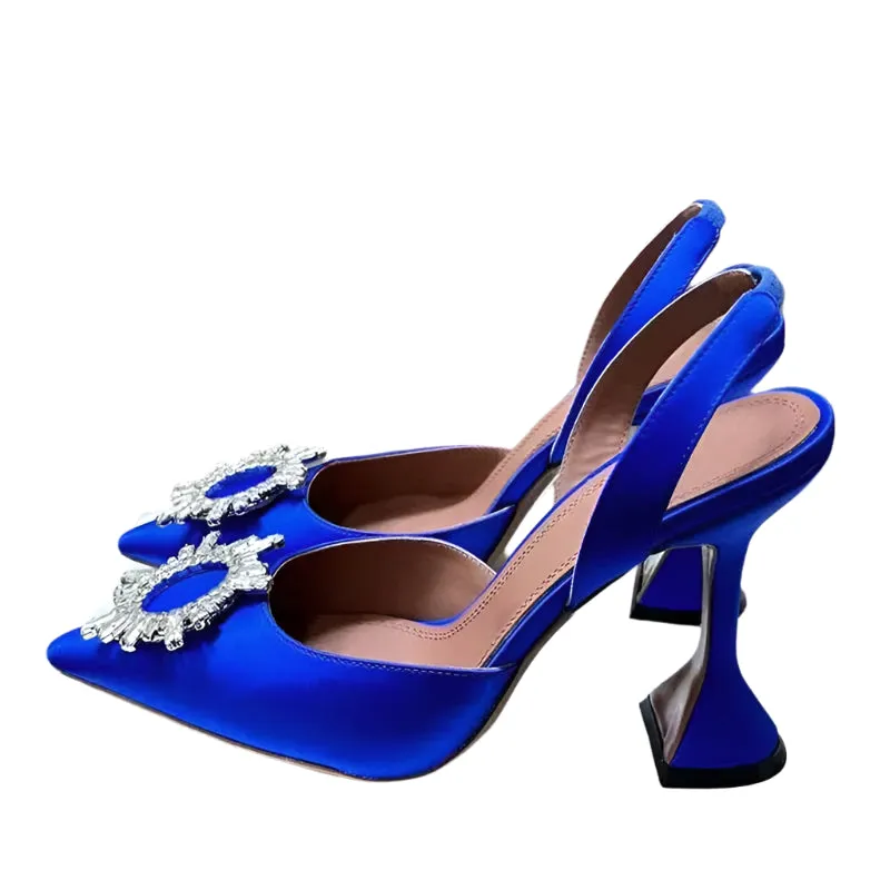 Elegant Satin High Heels for Women – Rhinestone Sunflower Pumps | Unique Heel Design, Party & Wedding Shoes, Summer Sandals
