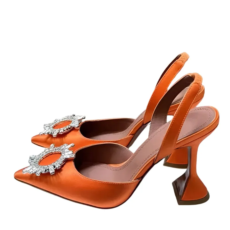 Elegant Satin High Heels for Women – Rhinestone Sunflower Pumps | Unique Heel Design, Party & Wedding Shoes, Summer Sandals