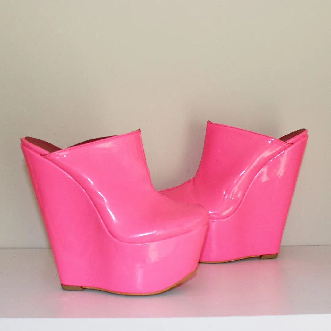 Gloss Pink 16 cm Heel Wedge Mules