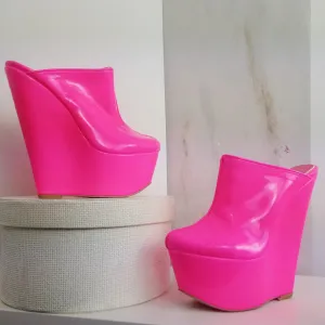 Gloss Pink 16 cm Heel Wedge Mules