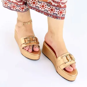 Gold Metallic Chain Leather Wedge Sandals