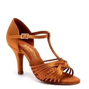 International Dance Shoes IDS Demani Ladies Tan Satin Latin Dance Shoe with Thinner Straps, Plaited Strip Across the Middle, and T-Bar