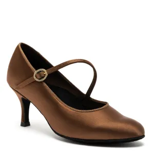 International Dance Shoes IDS ICS RoundToe SingleStrap Cocoa Satin Ladies Ballroom Dance Shoe with Diagonal Strap