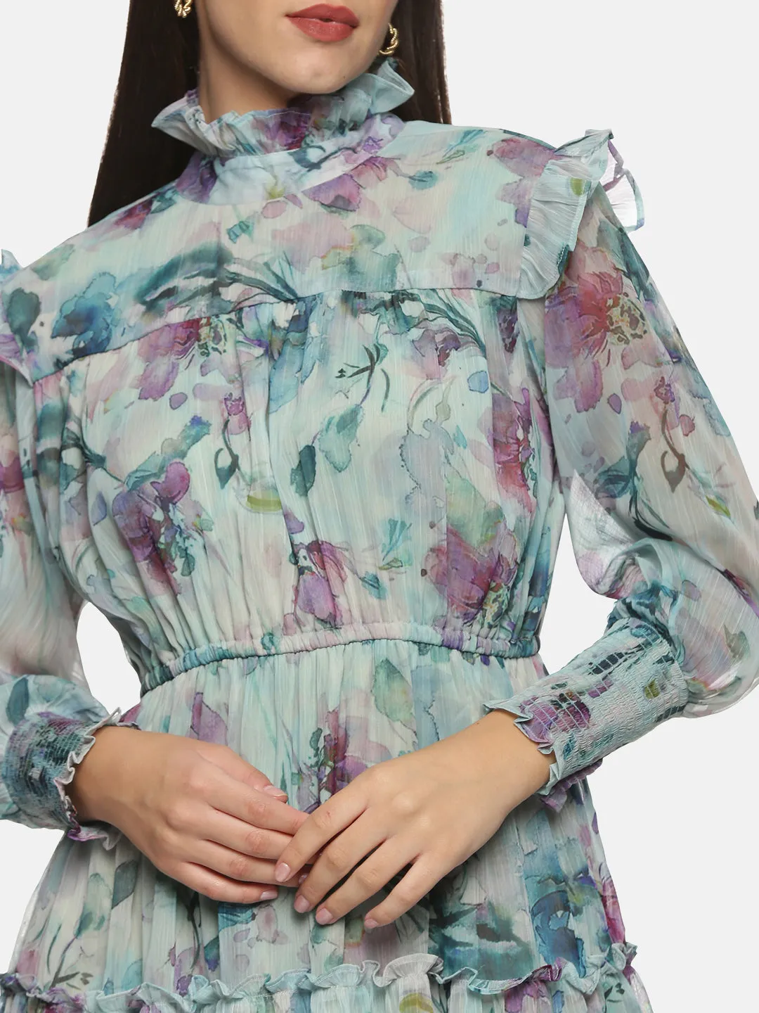 IS.U Green Smocking sleeve Tiered Midaxi Dress
