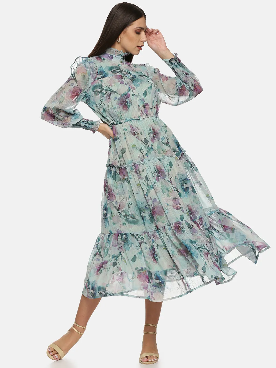 IS.U Green Smocking sleeve Tiered Midaxi Dress