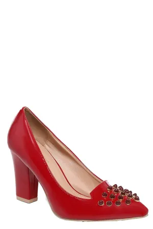 Ladies Red Front Studded High Block Heels Sexy Party Shoes