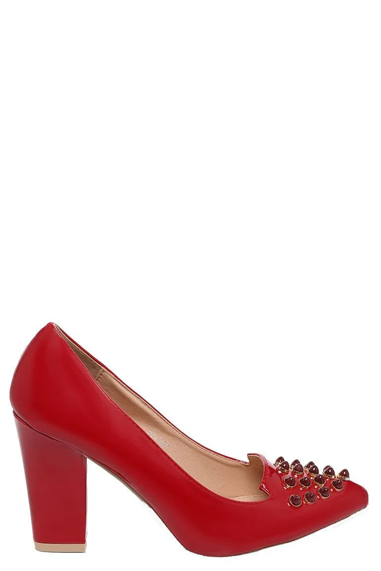 Ladies Red Front Studded High Block Heels Sexy Party Shoes