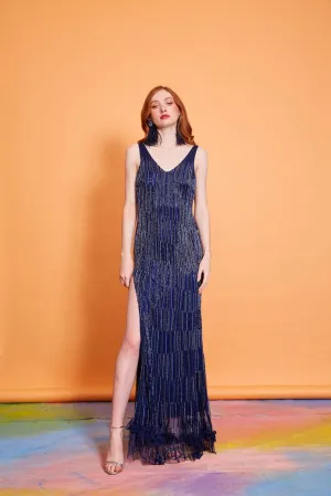 Lavanya Coodly Women's Cecile Midnight Blue Hand-Beaded Floor Length Bodycon Dress