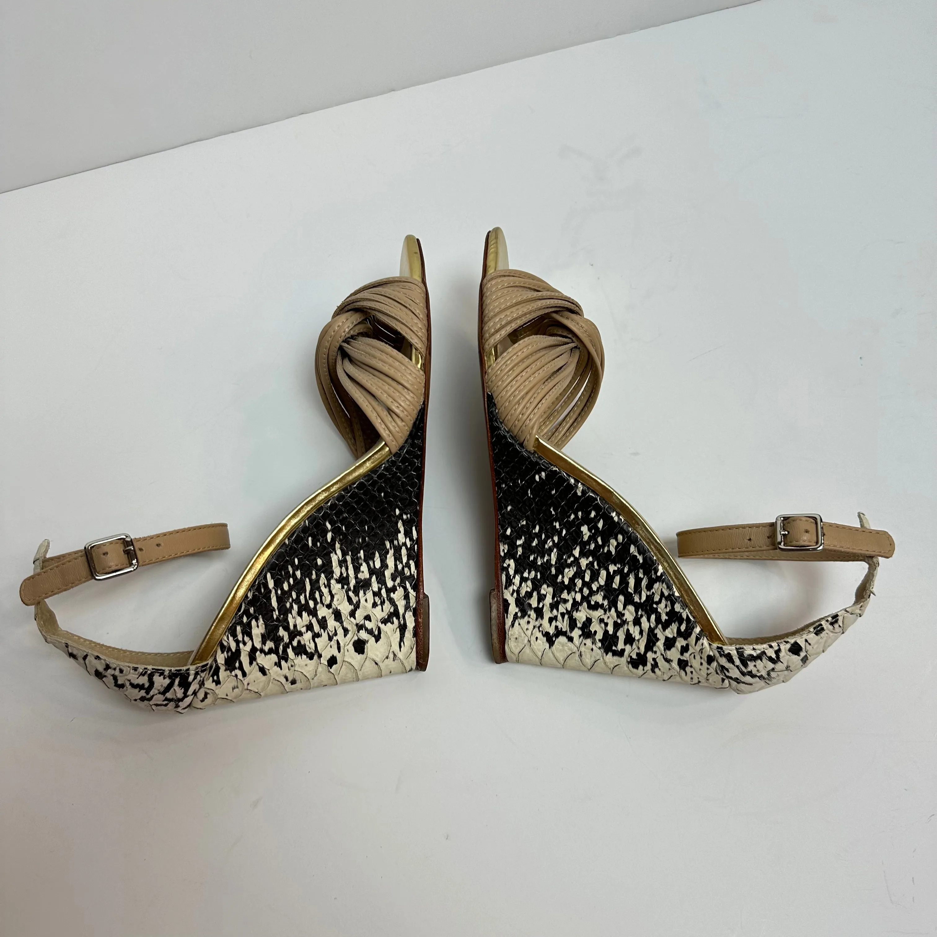 Loeffler Randall Allegra Twist Leather Snake Wedge Sandals Heels Nude Beige 6.5