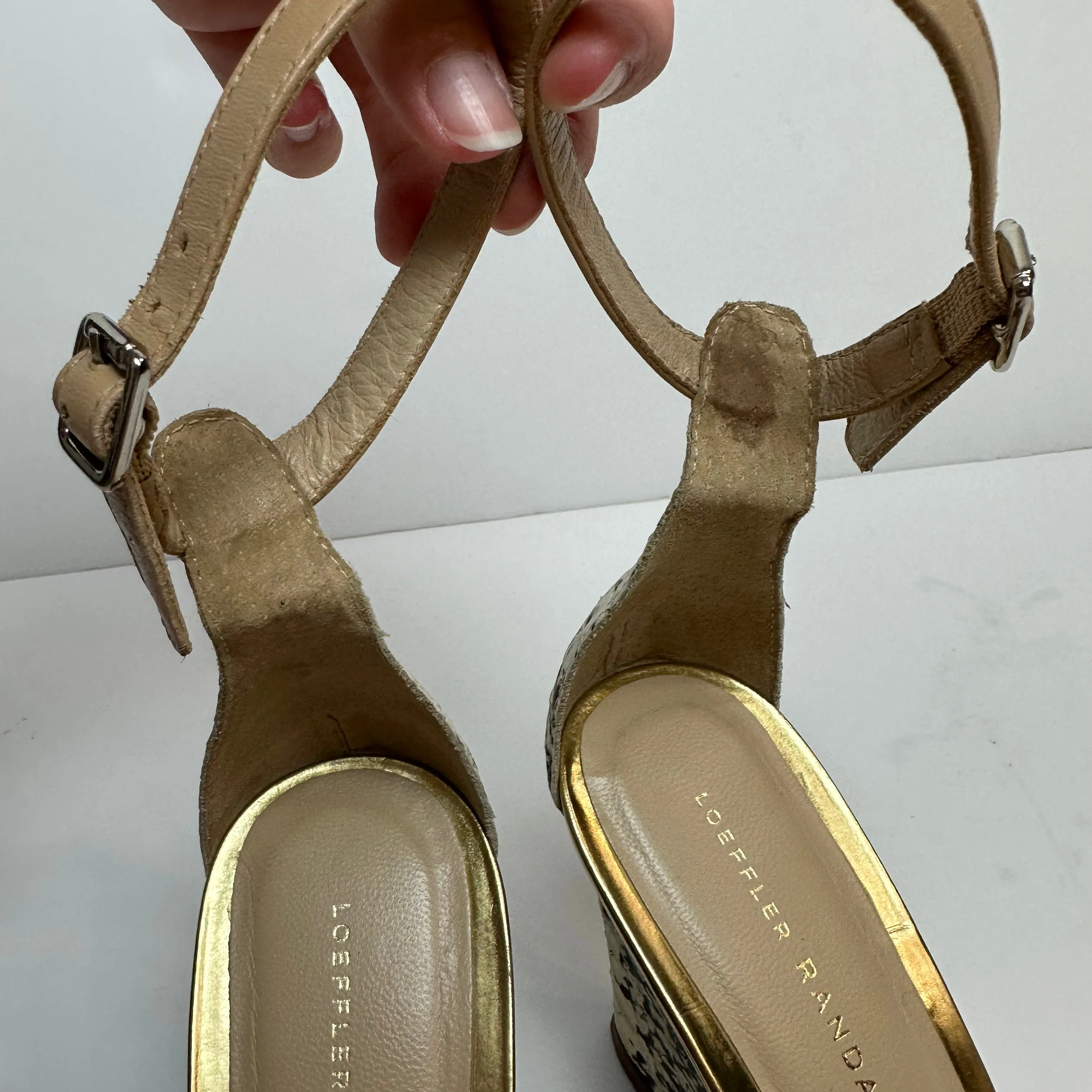 Loeffler Randall Allegra Twist Leather Snake Wedge Sandals Heels Nude Beige 6.5