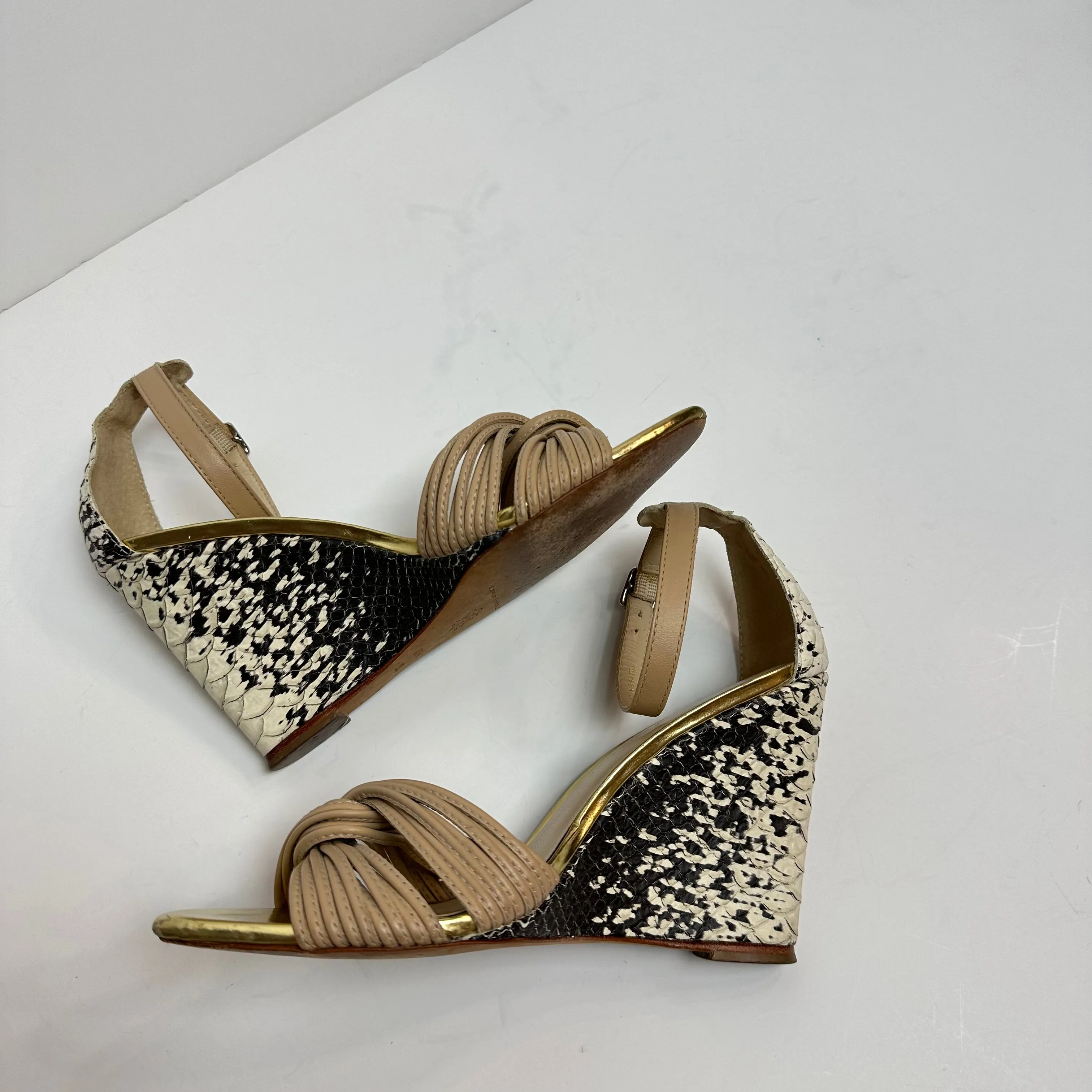 Loeffler Randall Allegra Twist Leather Snake Wedge Sandals Heels Nude Beige 6.5