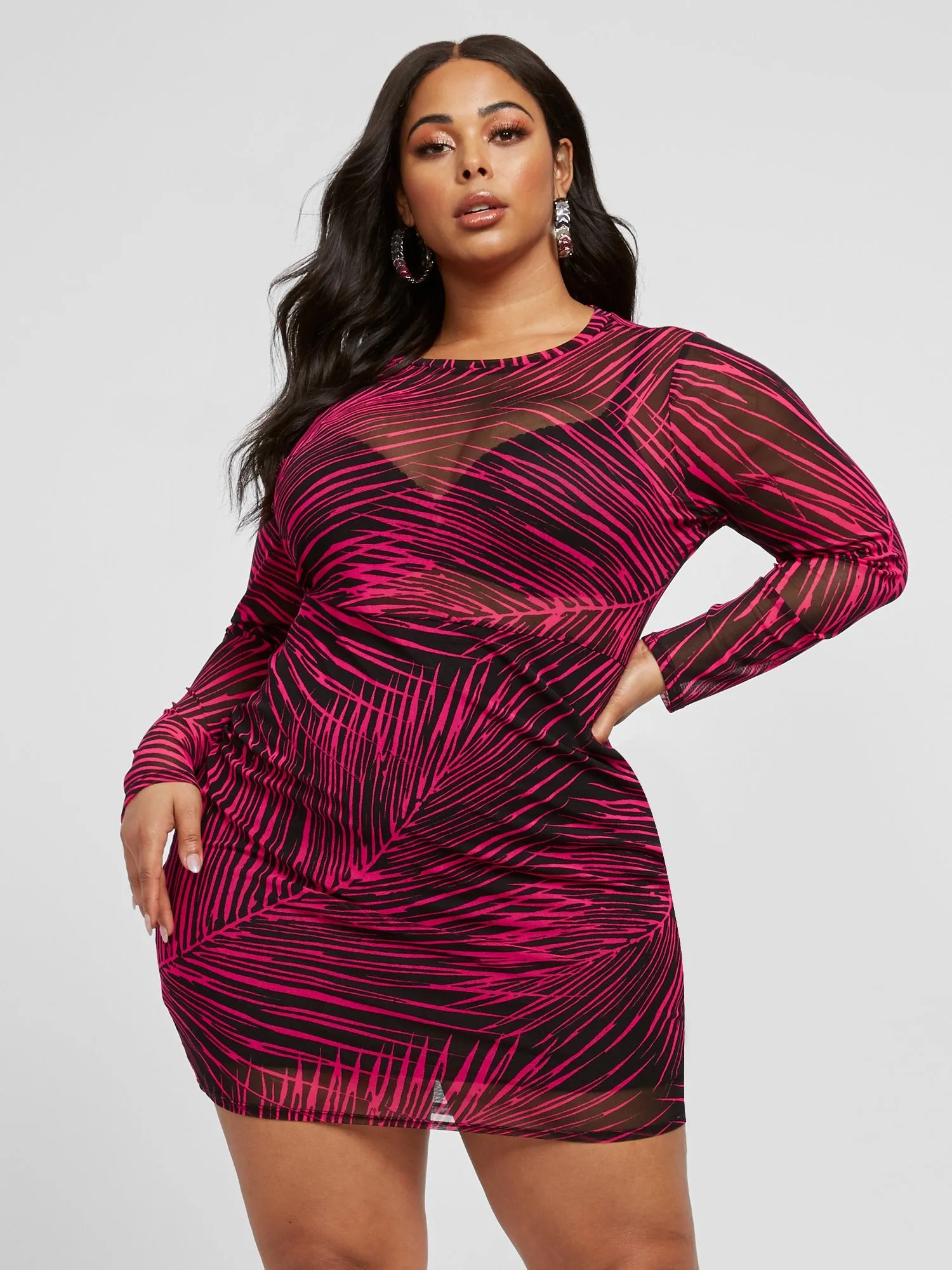 Luciana Palm Print Mesh Bodycon Dress