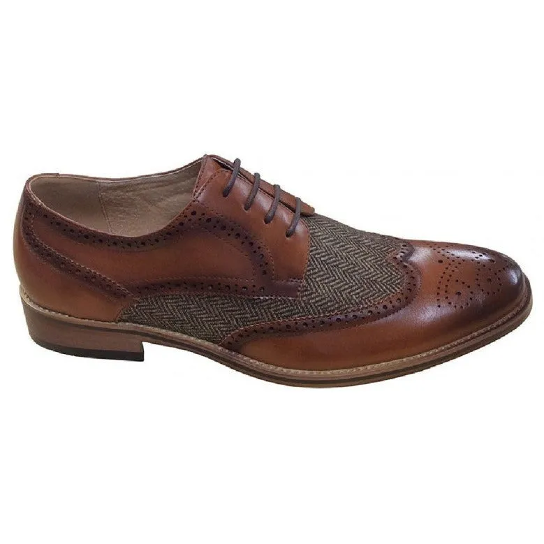 Mens M410B Tan leather lined heringbone tweed panel Lace up Brogue shoe