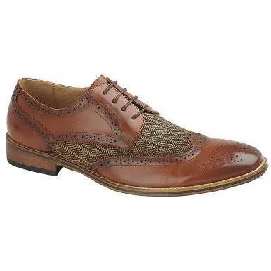 Mens M410B Tan leather lined heringbone tweed panel Lace up Brogue shoe