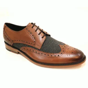 Mens M410B Tan leather lined heringbone tweed panel Lace up Brogue shoe