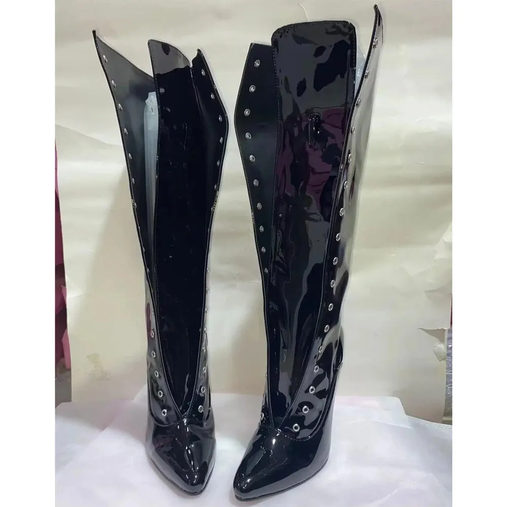 Merendy Lazem pointed toe High heel Tall Black lace-up  knee high boots