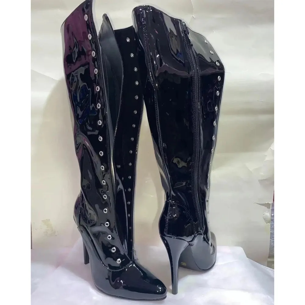Merendy Lazem pointed toe High heel Tall Black lace-up  knee high boots
