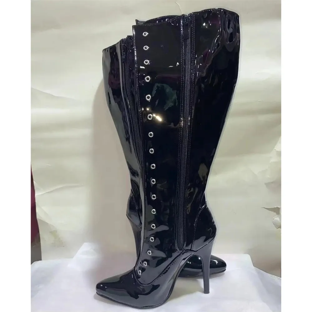 Merendy Lazem pointed toe High heel Tall Black lace-up  knee high boots