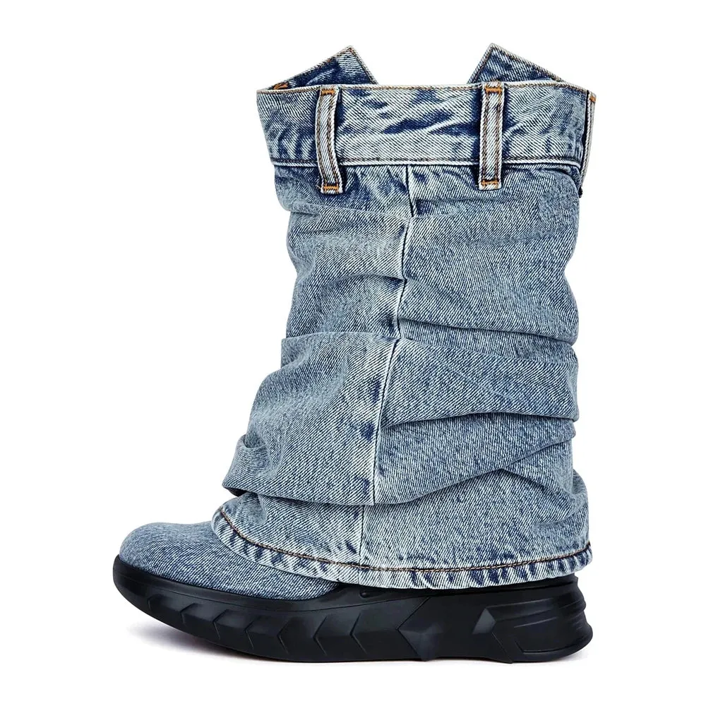 Merendy Nima Retro Mid Calf Western black and blue Denim platform ankle boots