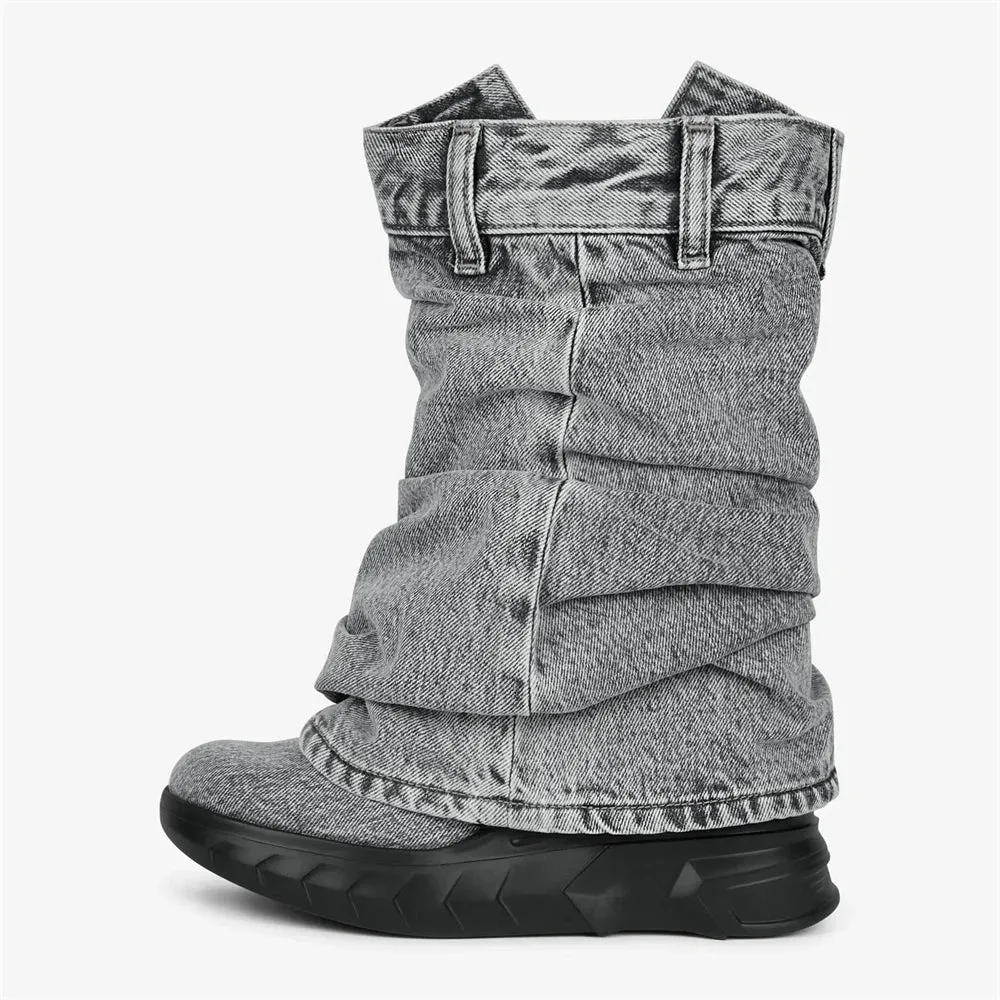 Merendy Nima Retro Mid Calf Western black and blue Denim platform ankle boots