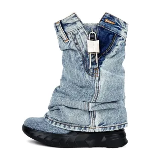 Merendy Nima Retro Mid Calf Western black and blue Denim platform ankle boots