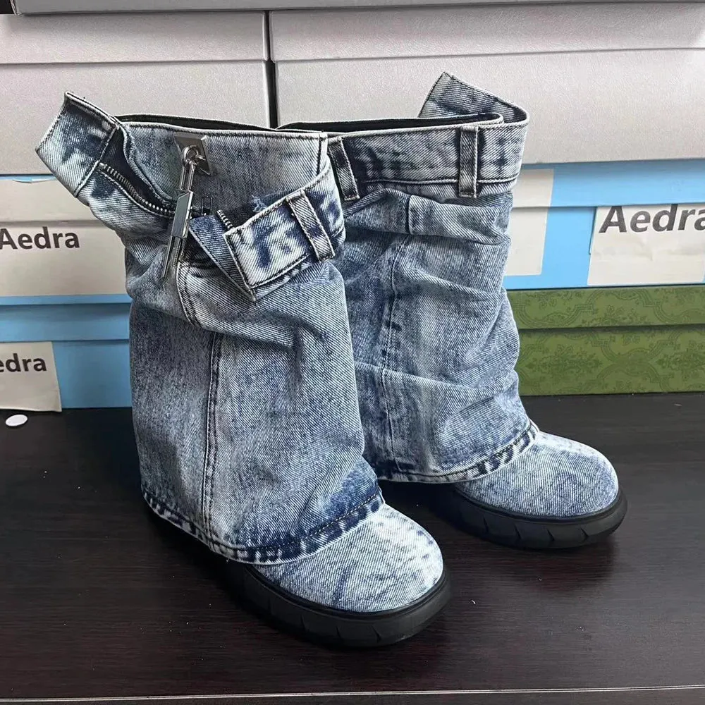 Merendy Nima Retro Mid Calf Western black and blue Denim platform ankle boots