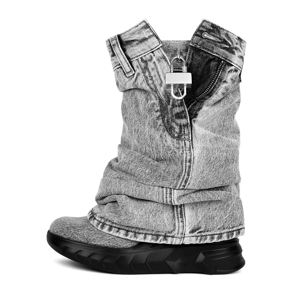 Merendy Nima Retro Mid Calf Western black and blue Denim platform ankle boots