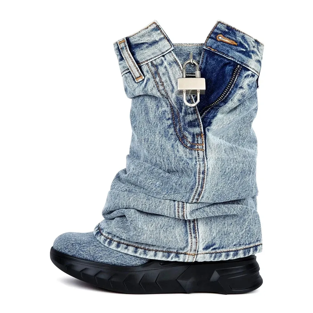 Merendy Nima Retro Mid Calf Western black and blue Denim platform ankle boots