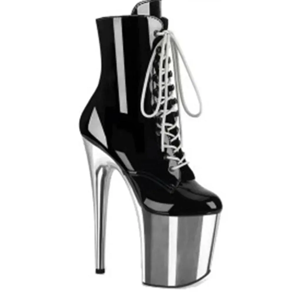 Mounir Stilettos Platform metallic tall black lace-up mid-calf boots