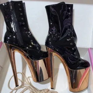 Mounir Stilettos Platform metallic tall black lace-up mid-calf boots