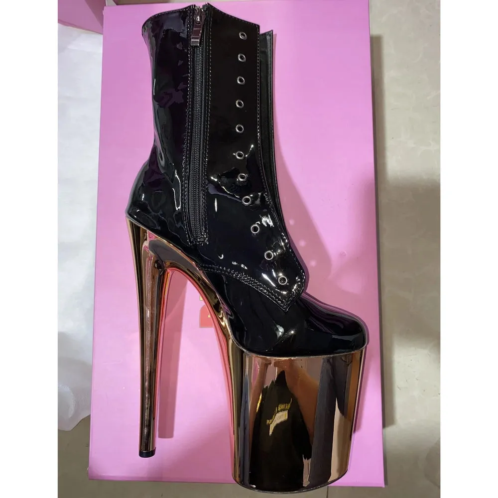 Mounir Stilettos Platform metallic tall black lace-up mid-calf boots