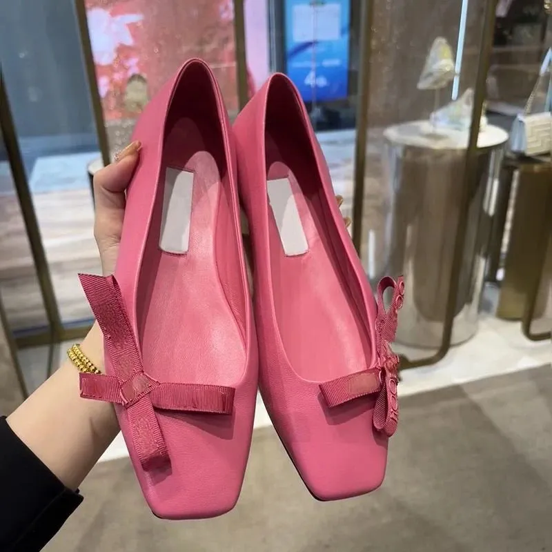 Mqtime New  Letter Bow Girl Pink Single Shoes Women's Square Head Small Design Shallow Mouth Flat Bottom Ballet Dance Shoes