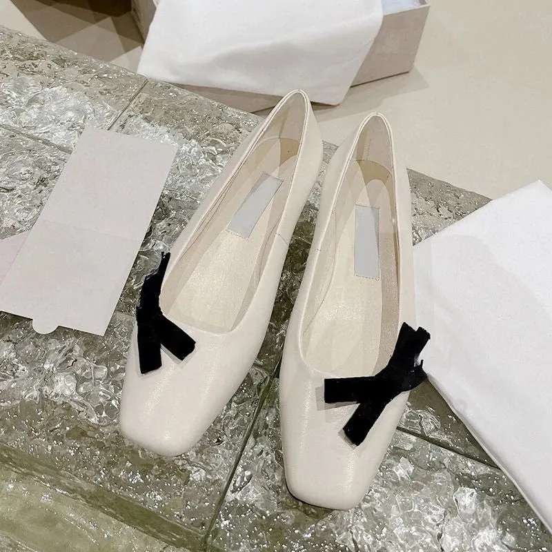 Mqtime New  Letter Bow Girl Pink Single Shoes Women's Square Head Small Design Shallow Mouth Flat Bottom Ballet Dance Shoes