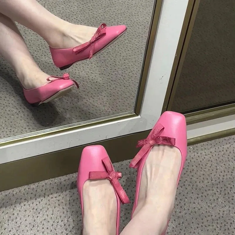 Mqtime New  Letter Bow Girl Pink Single Shoes Women's Square Head Small Design Shallow Mouth Flat Bottom Ballet Dance Shoes