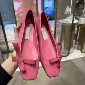 Mqtime New  Letter Bow Girl Pink Single Shoes Women's Square Head Small Design Shallow Mouth Flat Bottom Ballet Dance Shoes