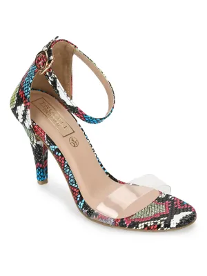 Multicolor Snake Stilettos With Clear Straps