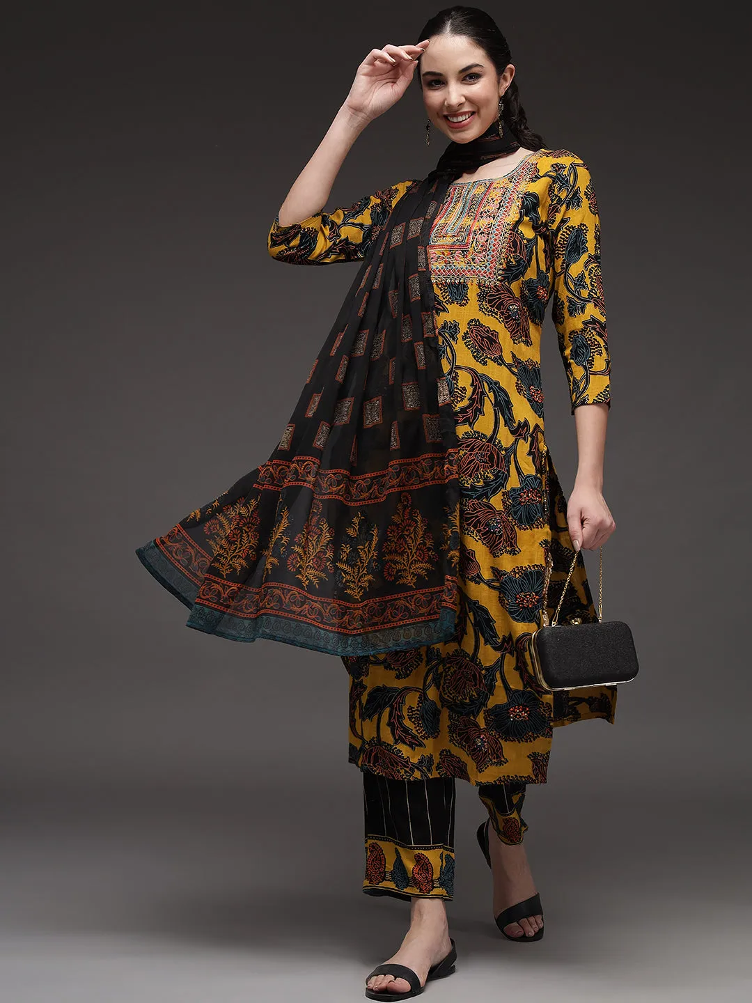 Mustard Color Rayon Slub Straight Womens Kurta Palazzo with Dupatta