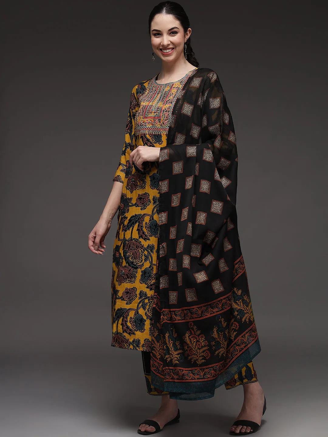 Mustard Color Rayon Slub Straight Womens Kurta Palazzo with Dupatta