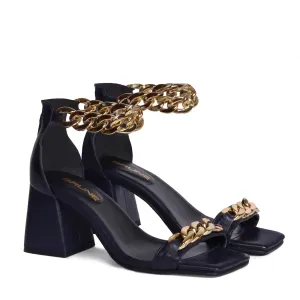 Navy Blue Ladies Party Sandals Blocked Heel Square Toe Golden Chain Closed Vintage Zipper Closure