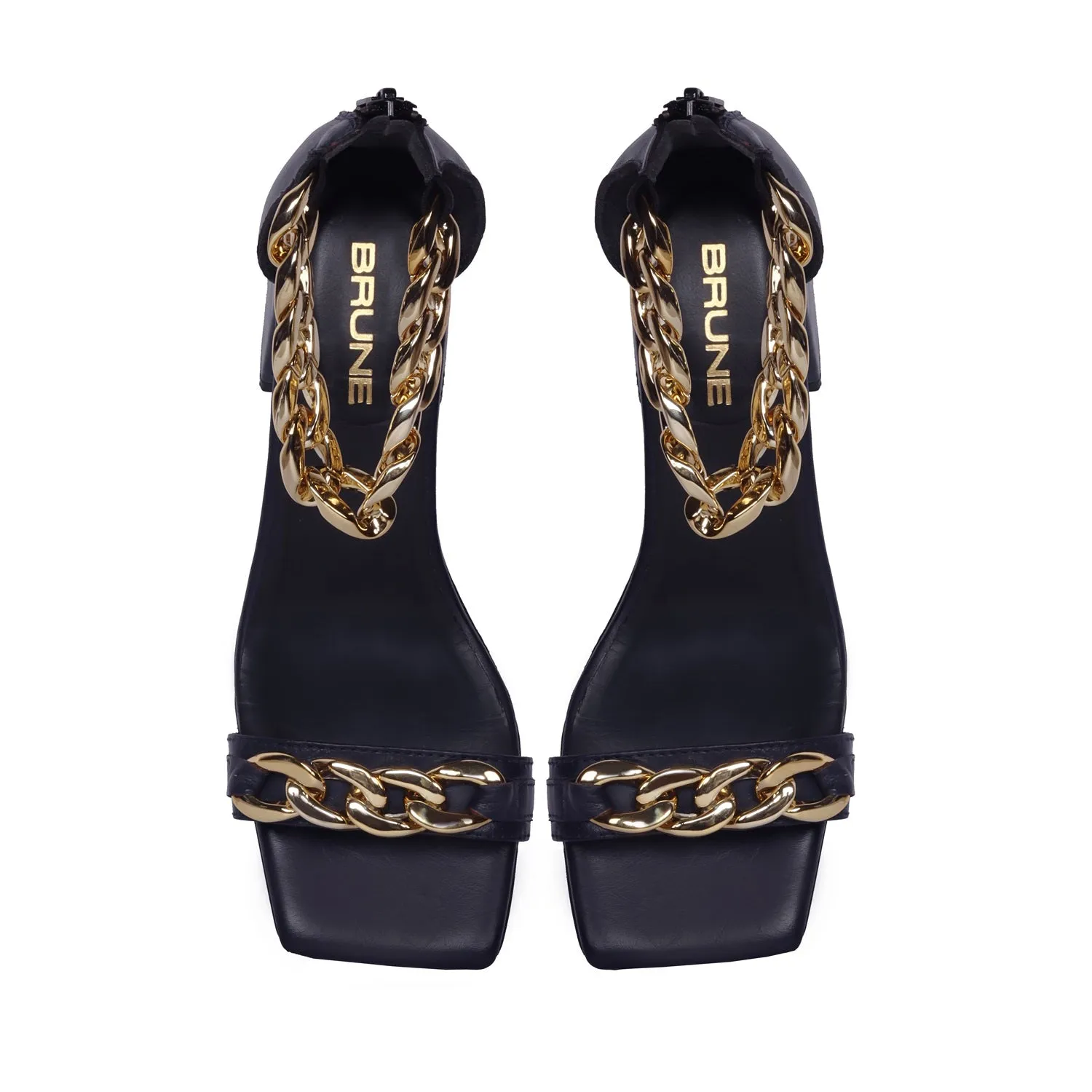 Navy Blue Ladies Party Sandals Blocked Heel Square Toe Golden Chain Closed Vintage Zipper Closure