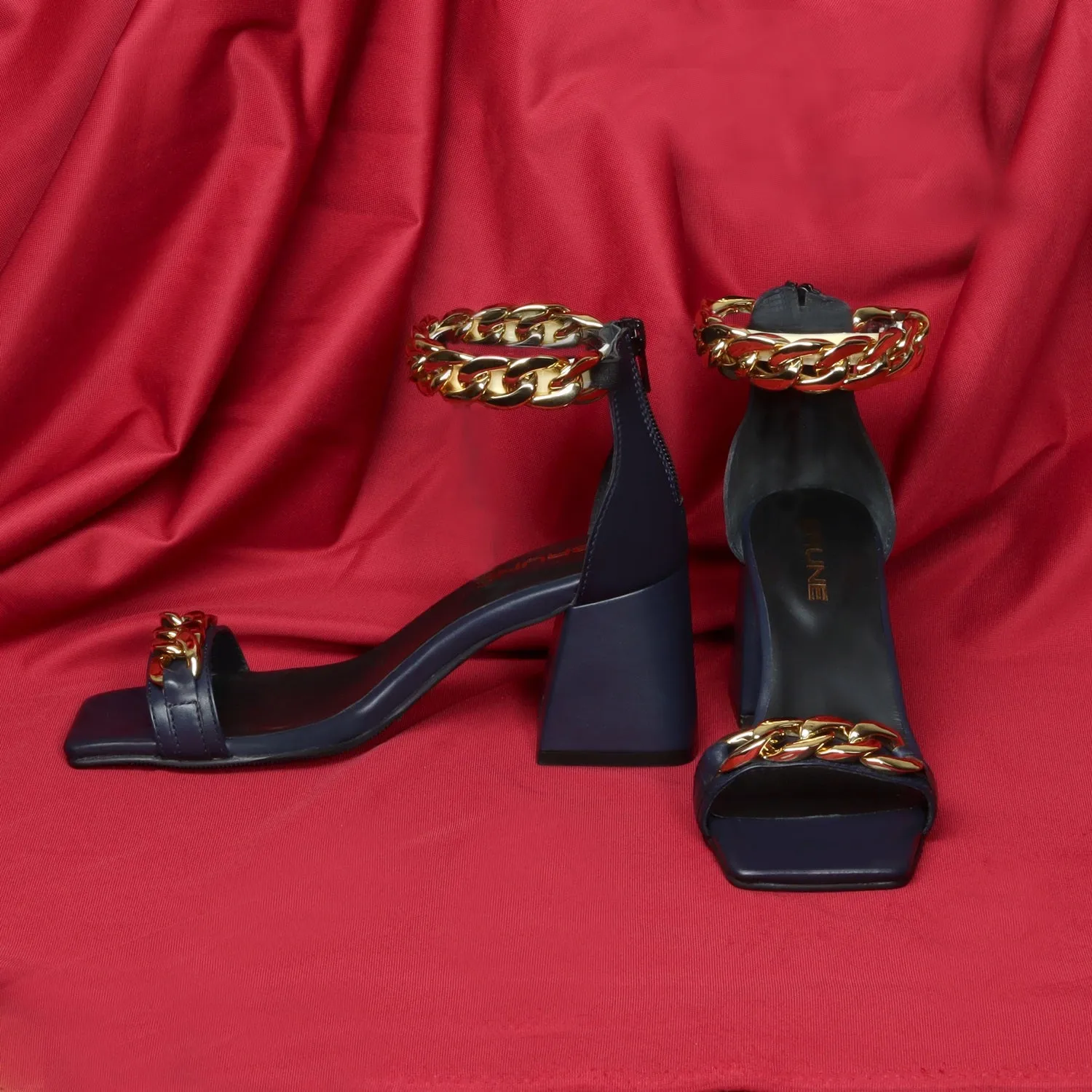 Navy Blue Ladies Party Sandals Blocked Heel Square Toe Golden Chain Closed Vintage Zipper Closure