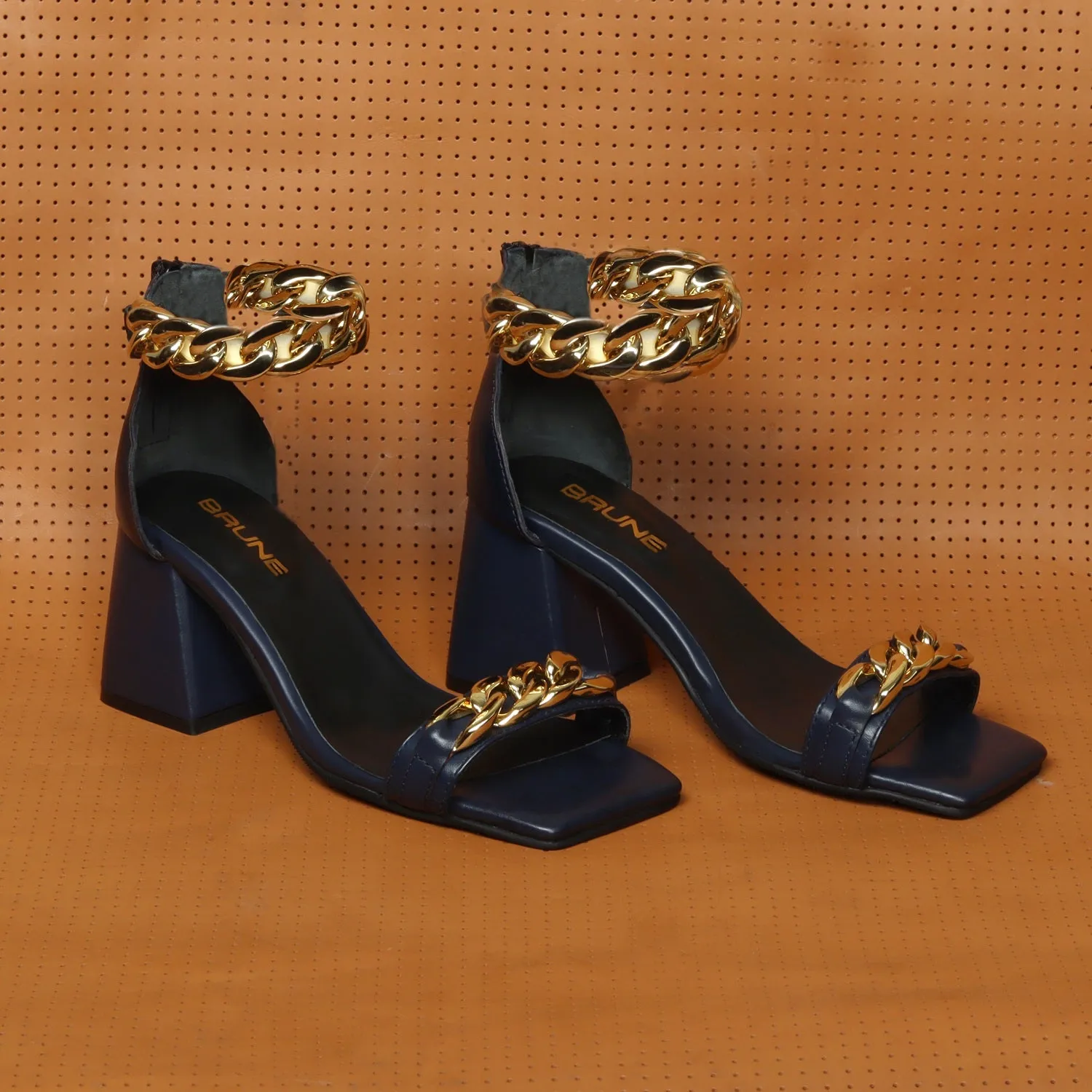 Navy Blue Ladies Party Sandals Blocked Heel Square Toe Golden Chain Closed Vintage Zipper Closure