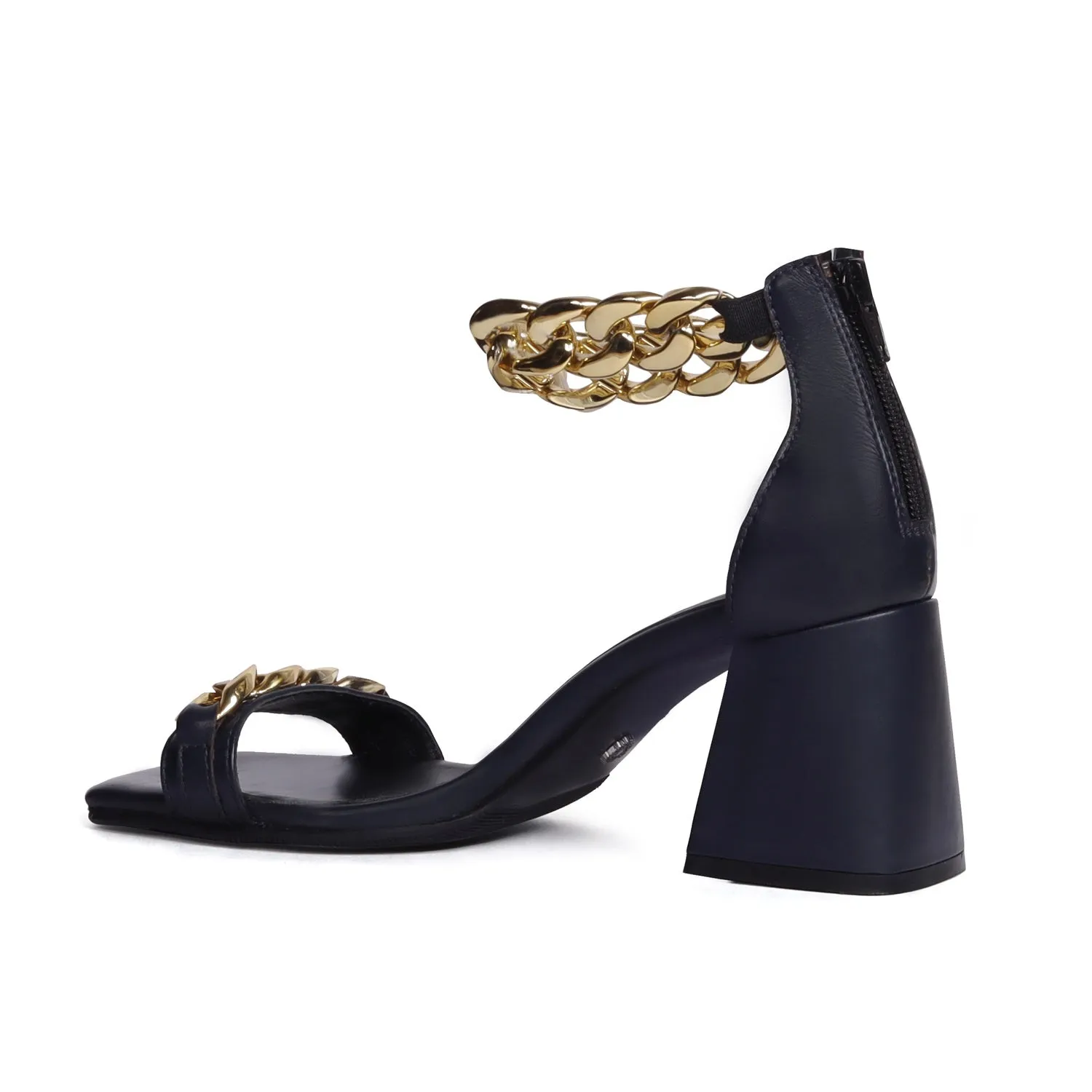 Navy Blue Ladies Party Sandals Blocked Heel Square Toe Golden Chain Closed Vintage Zipper Closure