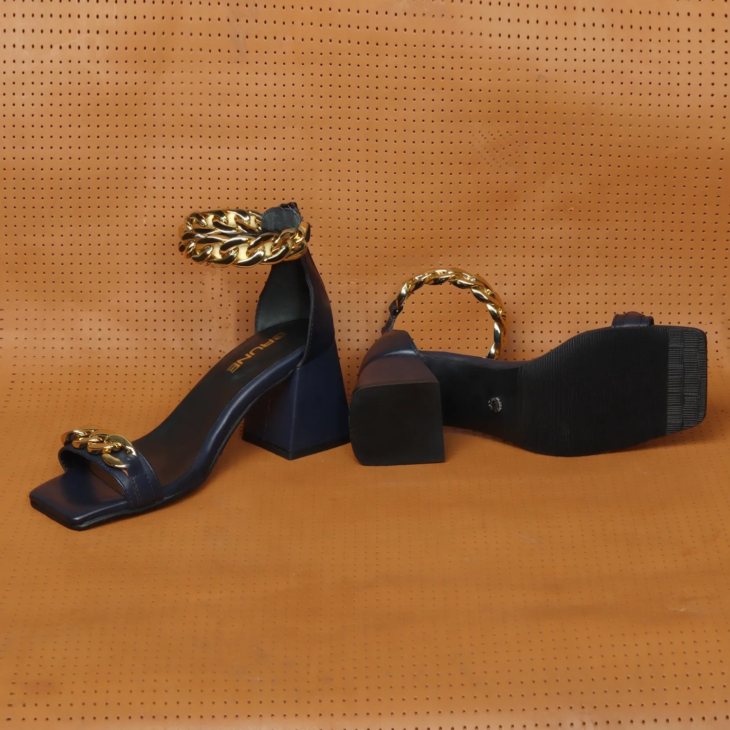 Navy Blue Ladies Party Sandals Blocked Heel Square Toe Golden Chain Closed Vintage Zipper Closure