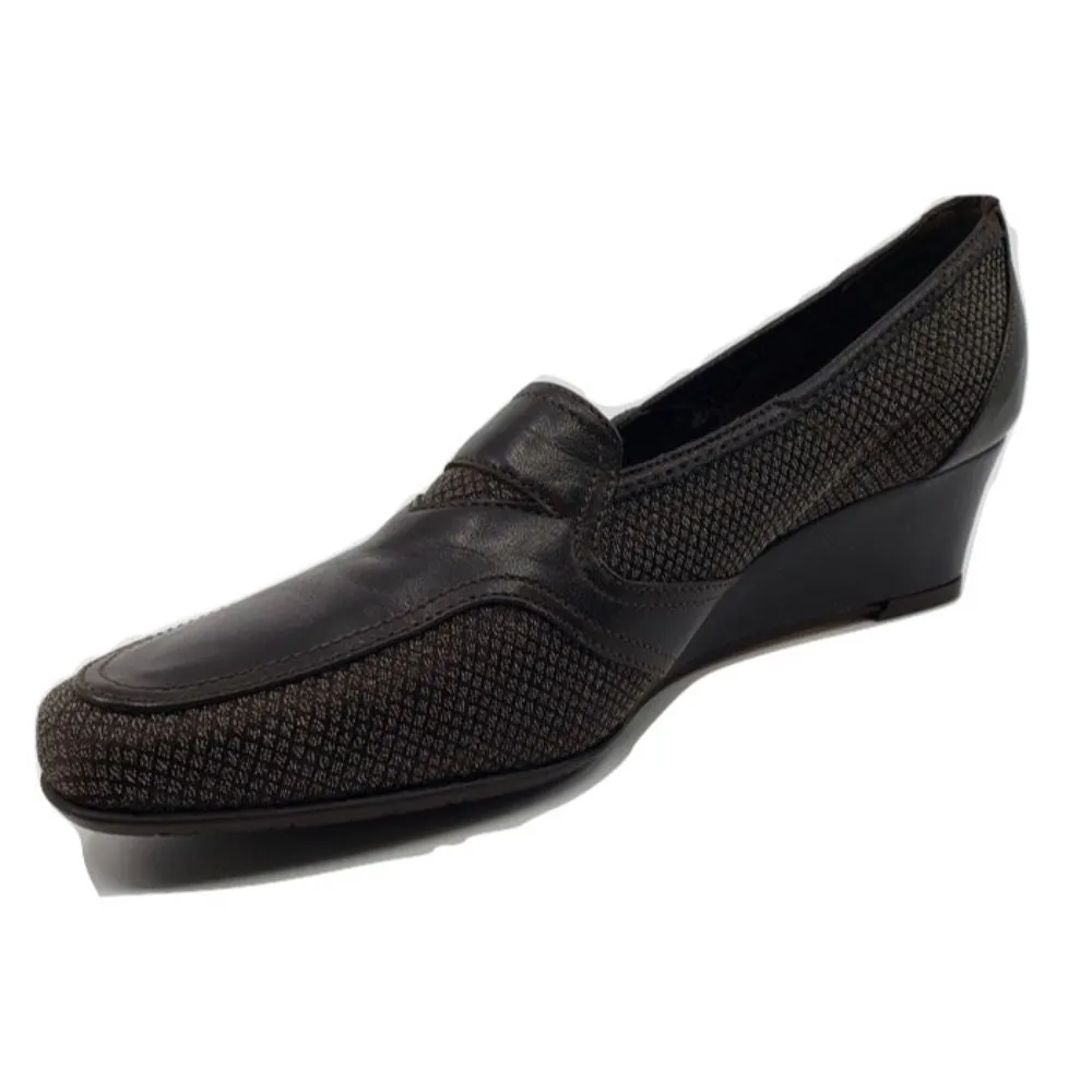 Navy Nappa Chocolate Fabric and Leather Prevata Wedge Pumps