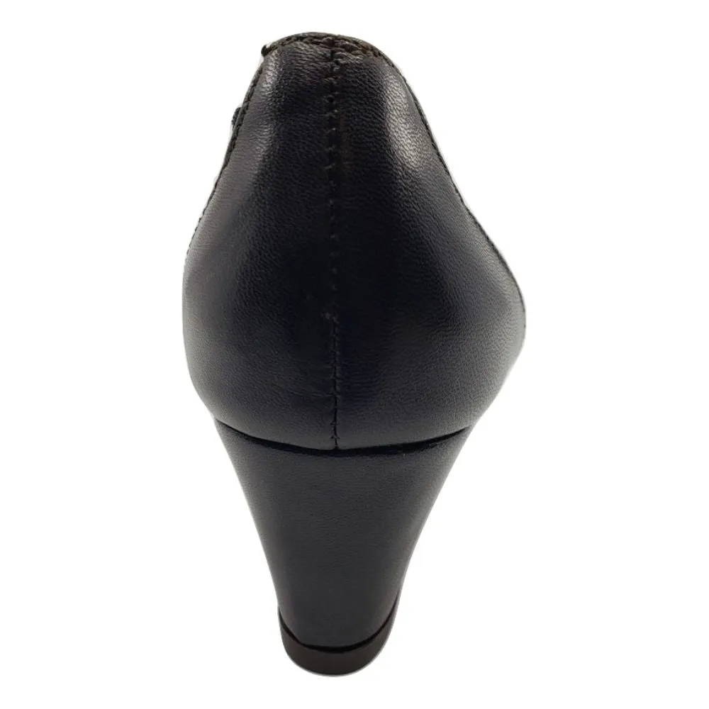 Navy Nappa Chocolate Fabric and Leather Prevata Wedge Pumps